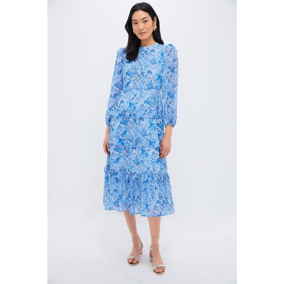 HYACINTH HOUSE Blue Multi Abstract Floral Rosalind Ruffle Midi Dress Size XL NWT - Picture 1 of 10